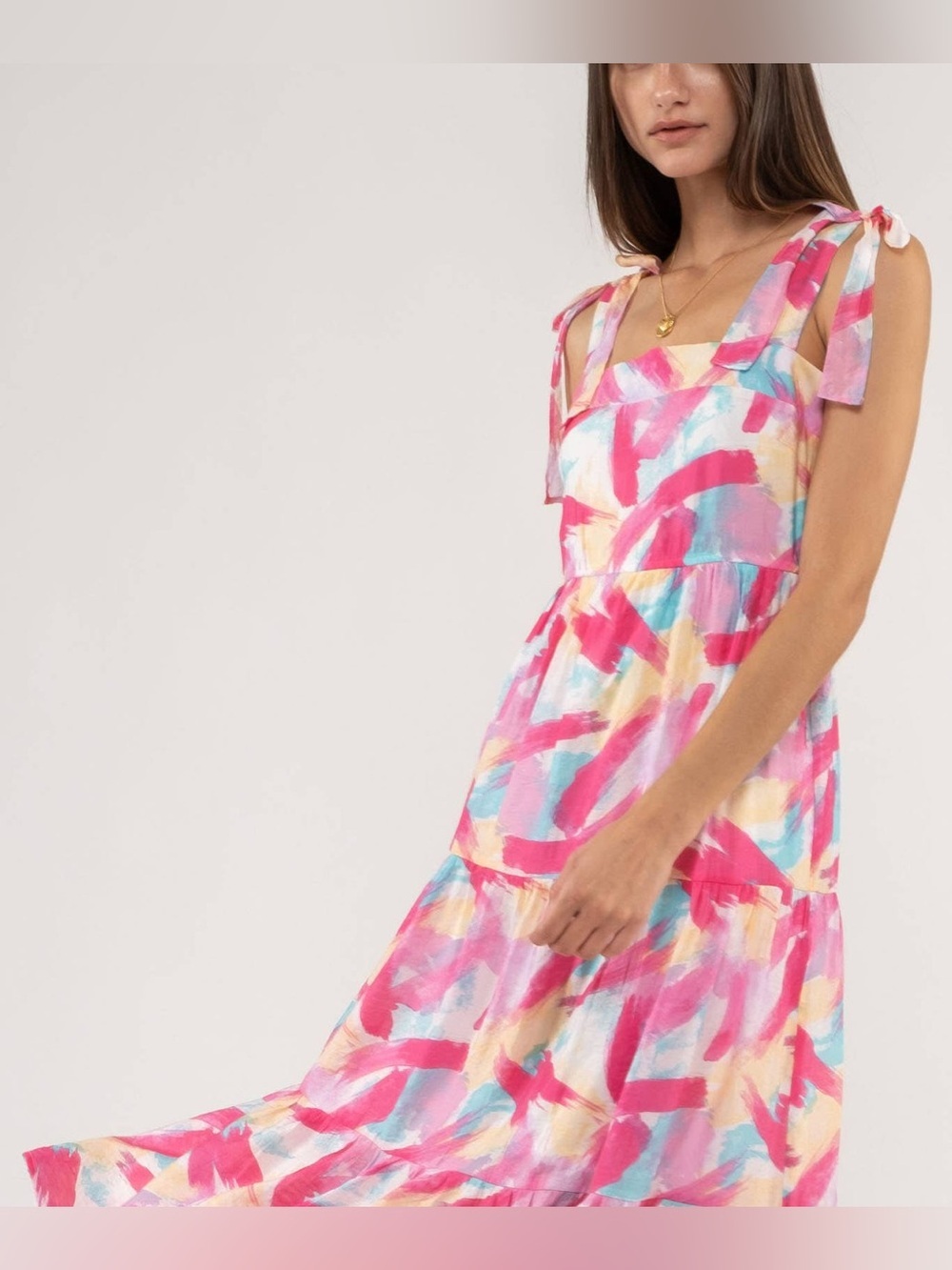 Blu Pepper Brush Stroke Print Tiered Midi Dress Size Medium NWT